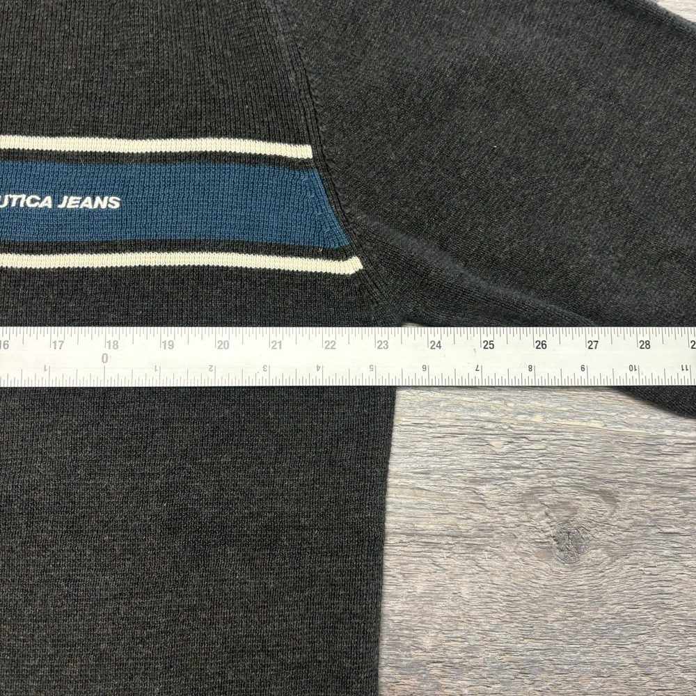 Vintage Y2K Nautica Jeans Grey Mens L Chest Stripe V-Neck Knit Pullover Sweater - Picture 6 of 8
